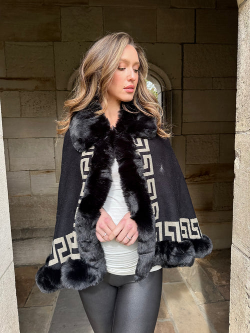 Greek Key Ruana with Faux Fur Trim