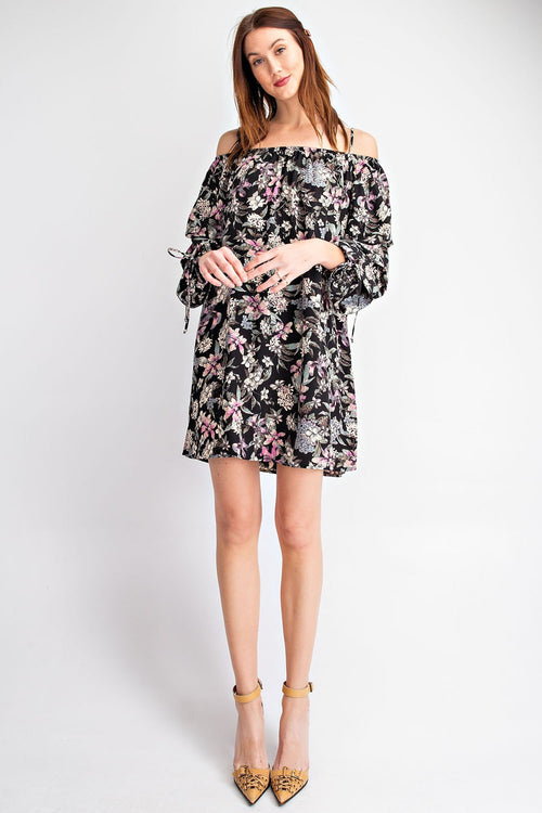 Black Floral Cold Shoulder Dress