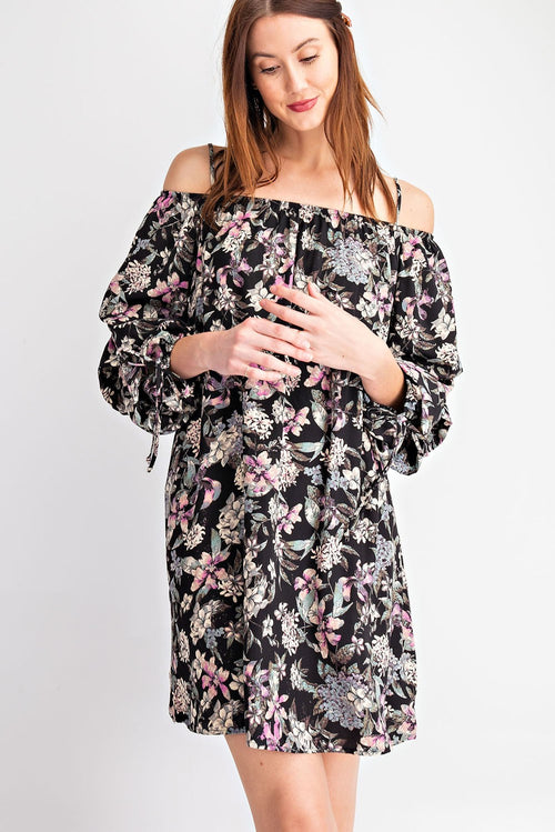 Black Floral Cold Shoulder Dress