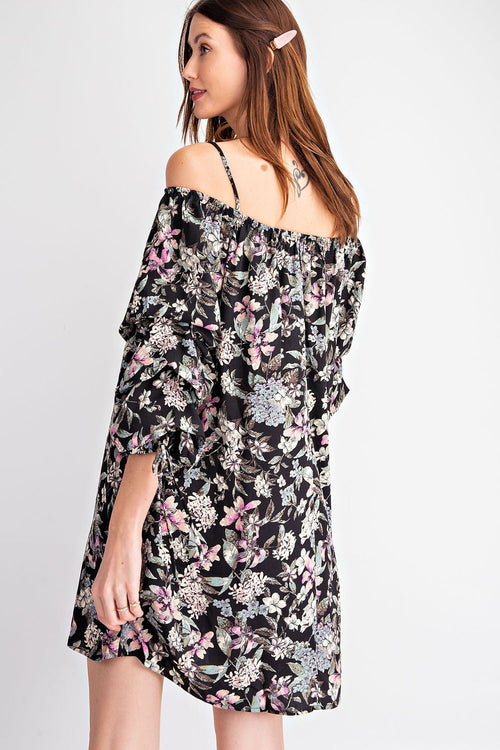 Black Floral Cold Shoulder Dress