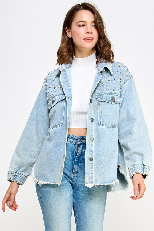 Pearl and Rhinestone Denim Shacket