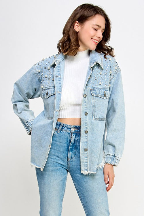 Pearl and Rhinestone Denim Shacket