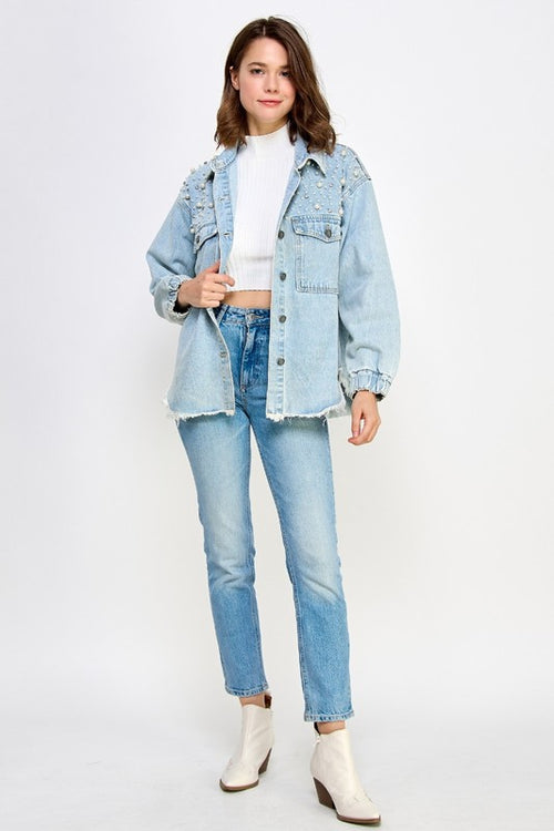 Pearl and Rhinestone Denim Shacket